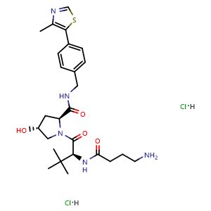 Chemical structure of (2S,4R)-1-((S)-2-(4-aminobutanamido)-3,3-dimethylbutanoyl)-4-hydroxy-N-(4-(4-methylthiazol-5-yl)benzyl)pyrrolidine-2-carboxamide dihydrochloride , CAS 2564467-25-8, AChemBlock Y225300