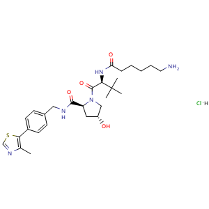 Chemical structure of (2S,4R)-1-((S)-2-(6-aminohexanamido)-3,3-dimethylbutanoyl)-4-hydroxy-N-(4-(4-methylthiazol-5-yl)benzyl)pyrrolidine-2-carboxamide hydrochloride , CAS 2170695-20-0, AChemBlock Y225301