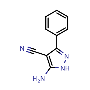 Chemical structure of 5-amino-3-phenyl-4-cyano -1H pyrazole , CAS 42754-61-0, AChemBlock Y225344