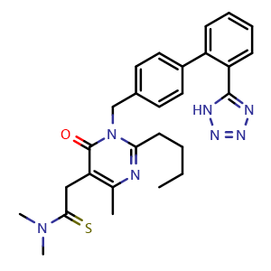 Chemical structure of 2-Butyl-5-dimethylaminothiocarbonylmethyl-6-methyl-3-[[2'-(1H-tetrazol-5-yl)biphenyl-4-yl]methyl]pyrimidin-4(3H)-one , CAS 247257-48-3, AChemBlock Y225562