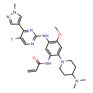 Chemical structure of N-(2-(4-(dimethylamino)piperidin-1-yl)-5-((5-fluoro-4-(1-methyl-1H-pyrazol-4-yl)pyrimidin-2-yl)amino)-4-methoxyphenyl)acrylamide , CAS 1807762-50-0, AChemBlock Y225574