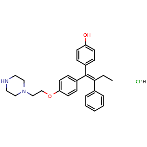 Chemical structure of (Z)-4-(2-phenyl-1-(4-(2-(piperazin-1-yl)ethoxy)phenyl)but-1-en-1-yl)phenol hydrochloride , CAS 2421261-87-0, AChemBlock Y225575