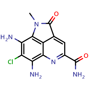 Chemical structure of 6,8-diamino-7-chloro-1-methyl-2-oxo-1,2-dihydropyrrolo[4,3,2-de]quinoline-4-carboxamide , CAS 1096365-01-3, AChemBlock Y225576