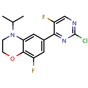 Chemical structure of 6-(2-chloro-5-fluoropyrimidin-4-yl)-8-fluoro-4-isopropyl-3,4-dihydro-2H-benzo[b][1,4]oxazine , CAS 2370912-01-7, AChemBlock Y225577