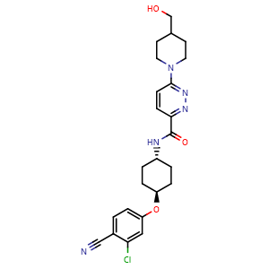 Chemical structure of N-((1r,4r)-4-(3-chloro-4-cyanophenoxy)cyclohexyl)-6-(4-(hydroxymethyl)piperidin-1-yl)pyridazine-3-carboxamide , CAS 2222114-20-5, AChemBlock Y225578