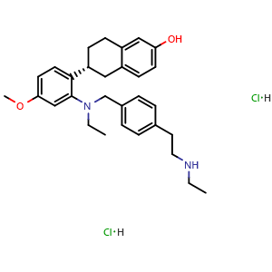 Chemical structure of (R)-6-(2-(ethyl(4-(2-(ethylamino)ethyl)benzyl)amino)-4-methoxyphenyl)-5,6,7,8-tetrahydronaphthalen-2-ol dihydrochloride , CAS 1349723-93-8, AChemBlock Y225579