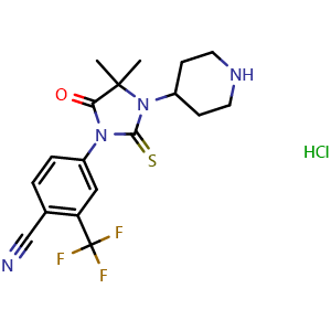 Chemical structure of 4-(4,4-dimethyl-5-oxo-3-(piperidin-4-yl)-2-thioxoimidazolidin-1-yl)-2-(trifluoromethyl)benzonitrile hydrochloride , CAS 879615-14-2, AChemBlock Y225581