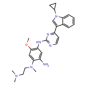 Chemical structure of N4-(4-(1-cyclopropyl-1H-indol-3-yl)pyrimidin-2-yl)-N1-(2-(dimethylamino)ethyl)-5-methoxy-N1-methylbenzene-1,2,4-triamine , CAS 2377512-09-7, AChemBlock Y225587