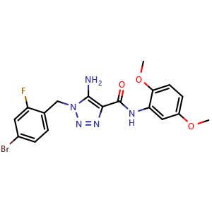 Chemical structure of 5-amino-1-[(4-bromo-2-fluoro-phenyl)methyl]-N-(2,5-dimethoxyphenyl)triazole-4-carboxamide , CAS 866347-75-3, AChemBlock Y225592