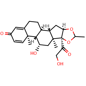 Chemical structure of (6aR,6bS,7S,8aS,8bS,11aR,12aS,12bS)-7-hydroxy-8b-(2-hydroxyacetyl)-6a,8a,10-trimethyl-1,2,6a,6b,7,8,8a,8b,11a,12,12a,12b-dodecahydro-4H-naphtho[2',1':4,5]indeno[1,2-d][1,3]dioxol-4-one , CAS 1040085-98-0, AChemBlock Y225593