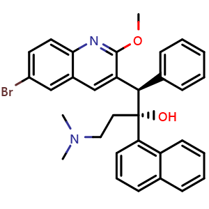 Chemical structure of (1R,2R)-1-(6-bromo-2-methoxyquinolin-3-yl)-4-(dimethylamino)-2-(naphthalen-1-yl)-1-phenylbutan-2-ol , CAS 857086-94-3, AChemBlock Y225613