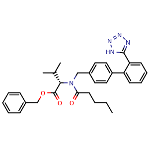 Chemical structure of benzyl N-((2'-(1H-tetrazol-5-yl)-[1,1'-biphenyl]-4-yl)methyl)-N-pentanoyl-L-valinate , CAS 137863-20-8, AChemBlock Y225616