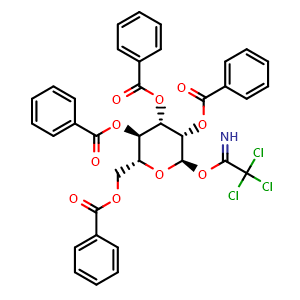 Chemical structure of (2R,3R,4S,5S,6R)-2-((Benzoyloxy)methyl)-6-(2,2,2-trichloro-1-iminoethoxy)tetrahydro-2H-pyran-3,4,5-triyl tribenzoate , CAS 183901-63-5, AChemBlock Y225684