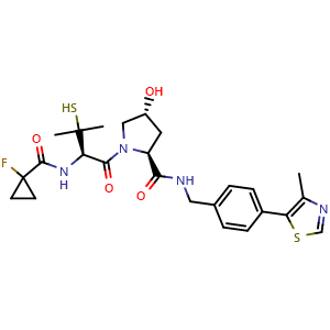 Chemical structure of (2S,4R)-1-((R)-2-(1-Fluorocyclopropanecarboxamido)-3-mercapto-3-methylbutanoyl)-4-hydroxy-N-(4-(4-methylthiazol-5-yl)benzyl)pyrrolidine-2-carboxamide , CAS 2358775-81-0, AChemBlock Y225690