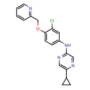 Chemical structure of N-(3-Chloro-4-(pyridin-2-ylmethoxy)phenyl)-5-cyclopropylpyrazin-2-amine , AChemBlock Y225700