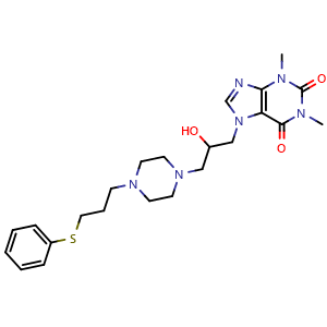 Chemical structure of 7-(2-hydroxy-3-(4-(3-(phenylthio)propyl)piperazin-1-yl)propyl)-1,3-dimethyl-3,7-dihydro-1H-purine-2,6-dione , CAS 79712-55-3, AChemBlock Y225812