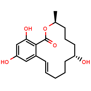 Chemical structure of (3S,7R,E)-7,14,16-trihydroxy-3-methyl-3,4,5,6,7,8,9,10-octahydro-1H-benzo[c][1]oxacyclotetradecin-1-one , CAS 36455-72-8, AChemBlock Y226463