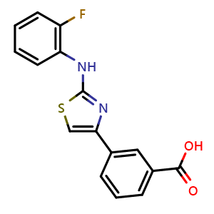 Chemical structure of 3-(2-((2-Fluorophenyl)amino)thiazol-4-yl)benzoic acid , CAS 2387524-59-4, AChemBlock Y228146