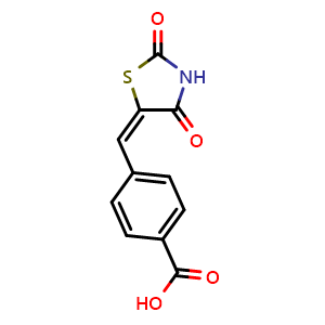 Chemical structure of 4-[(2,4-dioxo-1,3-thiazolidin-5-ylidene)methyl]benzoic acid , CAS 199167-79-8, AChemBlock Y228396