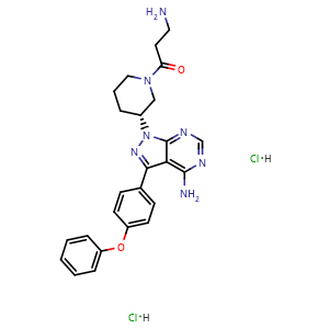 Chemical structure of 3-amino-1-[(3R)-3-[4-amino-3-(4-phenoxyphenyl)-1H-pyrazolo[3,4-d]pyrimidin-1-yl]piperidin-1-yl]propan-1-one dihydrochloride , CAS 2411178-94-2, AChemBlock Y228425