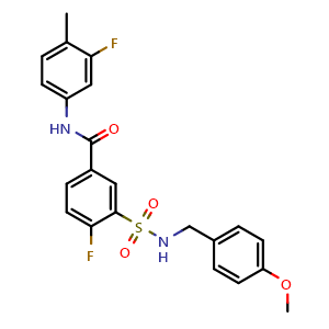 Chemical structure of 4-fluoro-N-(3-fluoro-4-methylphenyl)-3-{[(4-methoxyphenyl)methyl]sulfamoyl}benzamide , CAS 422546-87-0, AChemBlock Y228439