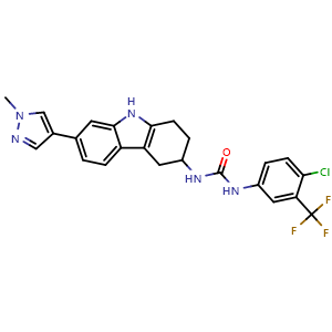 Chemical structure of 1-(4-chloro-3-(trifluoromethyl)phenyl)-3-(7-(1-methyl-1H-pyrazol-4-yl)-2,3,4,9-tetrahydro-1H-carbazol-3-yl)urea , CAS 2379727-88-3, AChemBlock Y228600