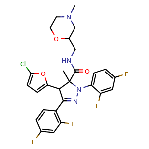 Chemical structure of 4-(5-chlorofuran-2-yl)-1,3-bis(2,4-difluorophenyl)-5-methyl-N-((4-methylmorpholin-2-yl)methyl)-4,5-dihydro-1H-pyrazole-5-carboxamide , CAS 2171015-78-2, AChemBlock Y228613