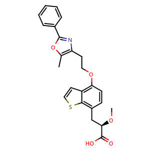Chemical structure of (R)-2-methoxy-3-(4-(2-(5-methyl-2-phenyloxazol-4-yl)ethoxy)benzo[b]thiophen-7-yl)propanoic acid compound with acetic acid (1:1) , CAS 849150-59-0, AChemBlock Y228779