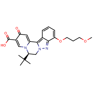 Chemical structure of (R)-6-(tert-butyl)-10-(3-methoxypropoxy)-2-oxo-6,7-dihydro-2H-pyrido[2',1':3,4]pyrazino[1,2-b]indazole-3-carboxylic acid , CAS 2247932-38-1, AChemBlock Y228817