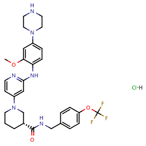 Chemical structure of (R)-1-(2-((2-methoxy-4-(piperazin-1-yl)phenyl)amino)pyridin-4-yl)-N-(4-(trifluoromethoxy)benzyl)piperidine-3-carboxamide hydrochloride , AChemBlock Y228883
