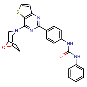 Chemical structure of 1-(4-(4-(8-oxa-3-azabicyclo[3.2.1]octan-3-yl)thieno[3,2-d]pyrimidin-2-yl)phenyl)-3-phenylurea , CAS 1144075-42-2, AChemBlock Y228884