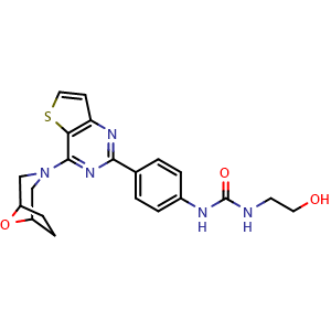 Chemical structure of 1-(2-hydroxyethyl)-3-{4-[4-(8-oxa-3-azabicyclo[3.2.1]oct-3-yl)thieno[3,2-d]pyrimidin-2-yl]phenyl}urea , CAS 1144075-38-6, AChemBlock Y228885
