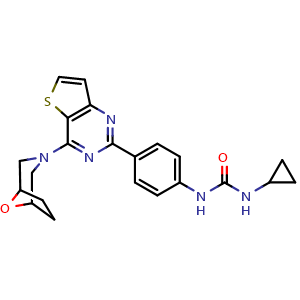 Chemical structure of 1-(4-(4-(8-oxa-3-azabicyclo[3.2.1]octan-3-yl)thieno[3,2-d]pyrimidin-2-yl)phenyl)-3-cyclopropylurea , CAS 1144075-40-0, AChemBlock Y228887