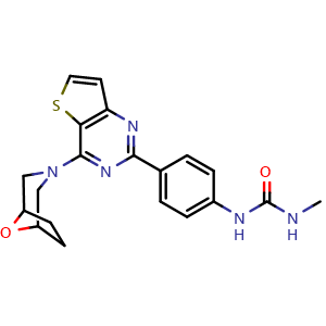 Chemical structure of 1-methyl-3-{4-[4-(8-oxa-3-azabicyclo[3.2.1]oct-3-yl)thieno[3,2-d]pyrimidin-2-yl]phenyl}urea , CAS 1144075-32-0, AChemBlock Y228888