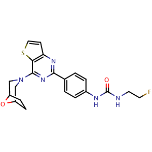 Chemical structure of 1-(2-fluoroethyl)-3-{4-[4-(8-oxa-3-azabicyclo[3.2.1]oct-3-yl)thieno[3,2-d]pyrimidin-2-yl]phenyl}urea , CAS 1144075-36-4, AChemBlock Y228889