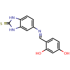 Chemical structure of (E)-5-((2,4-dihydroxybenzylidene)amino)-1,3-dihydro-2H-benzo[d]imidazole-2-thione , CAS 2870693-28-8, AChemBlock Y228989