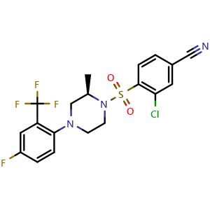 Chemical structure of 3-chloro-4-[[(2R)-4-[4-fluoro-2-(trifluoromethyl)phenyl]-2-methyl-1-piperazinyl]sulfonyl]-Benzonitrile , CAS 946400-19-7, AChemBlock Y229145