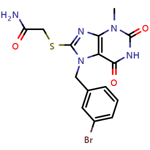 Chemical structure of 2-((7-(3-bromobenzyl)-3-methyl-2,6-dioxo-2,3,6,7-tetrahydro-1H-purin-8-yl)thio)acetamide , CAS 326918-98-3, AChemBlock Y229168