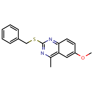 Chemical structure of 2-benzylsulfanyl-6-methoxy-4-methylquinazoline , CAS 500272-00-4, AChemBlock Y229169