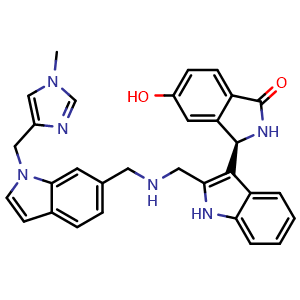 Chemical structure of (R)-5-hydroxy-3-(2-((((1-((1-methyl-1H-imidazol-4-yl)methyl)-1H-indol-6-yl)methyl)amino)methyl)-1H-indol-3-yl)isoindolin-1-one , CAS 2375482-49-6, AChemBlock Y229176