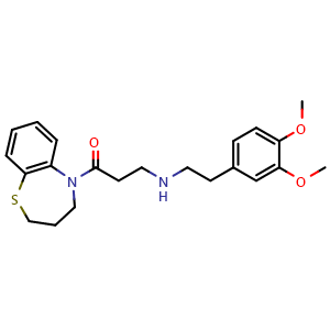 Chemical structure of 1-(3,4-dihydrobenzo[b][1,4]thiazepin-5(2H)-yl)-3-((3,4-dimethoxyphenethyl)amino)propan-1-one(WXG03178) , CAS 93392-97-3, AChemBlock Y229206