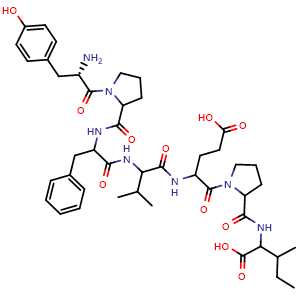 Chemical structure of 5-(2-((1-carboxy-2-methylbutyl)carbamoyl)pyrrolidin-1-yl)-4-(3-methyl-2-(3-phenyl-2-(1-tyrosylpyrrolidine-2-carboxamido)propanamido)butanamido)-5-oxopentanoic acid , CAS 102029-74-3, AChemBlock Y229274