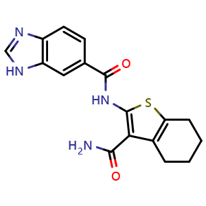 Chemical structure of N-[3-(aminocarbonyl)-4,5,6,7-tetrahydrobenzo[b]thien-2-yl]-1H-Benzimidazole-6-carboxamide , CAS 941185-83-7, AChemBlock Y229322