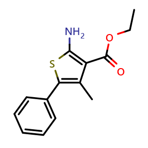 Chemical structure of ethyl 2-amino-4-methyl-5-phenylthiophene-3-carboxylate , CAS 4815-38-7, AChemBlock Y229460