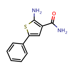 Chemical structure of 2-amino-5-phenylthiophene-3-carboxamide , CAS 4815-35-4, AChemBlock Y229531