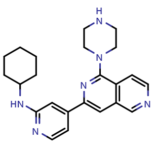 Chemical structure of N-Cyclohexyl-4-[1-(1-piperazinyl)-2,6-naphthyridin-3-yl]-2-pyridinamine , CAS 1071135-06-2, AChemBlock Y229629