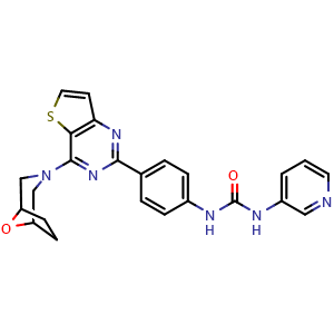 Chemical structure of 1-(4-(4-(8-oxa-3-azabicyclo[3.2.1]octan-3-yl)thieno[3,2-d]pyrimidin-2-yl)phenyl)-3-(pyridin-3-yl)urea , CAS 1144075-44-4, AChemBlock Y229642