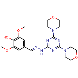 Chemical structure of 4-[(E)-{[4,6-Di(4-morpholinyl)-1,3,5-triazin-2-yl]hydrazono}methy l]-2,6-dimethoxyphenol , CAS 321557-16-8, AChemBlock Y229643