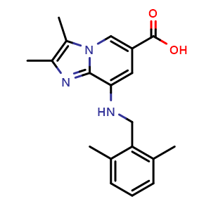 Chemical structure of 8-[(2,6-dimethylbenzyl)amino]-2,3-dimethylimidazo[1,2-a]pyridine-6-carboxylic acid , CAS 816450-73-4, AChemBlock Y229680