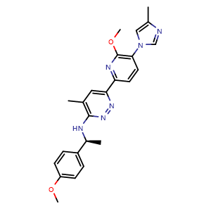 Chemical structure of (S)-6-(6-methoxy-5-(4-methyl-1H-imidazol-1-yl)pyridin-2-yl)-N-(1-(4-methoxyphenyl)ethyl)-4-methylpyridazin-3-amine , CAS 1914989-80-2, AChemBlock Y229699